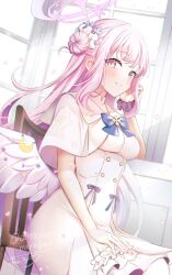 1girl angel_wings blue_archive breasts brown_eyes capelet chair clothes_writing commentary_request crescent dress feathered_wings flower hair_bun hair_flower hair_ornament halo indoors long_hair looking_at_viewer low_wings mashiro_aa medium_breasts mika_(blue_archive) pink_hair pink_halo purple_flower revision signature single_side_bun sitting smile solo twitter_username very_long_hair white_capelet white_dress white_wings window wings yellow_eyes