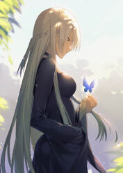 1girl absurdres breasts bug butterfly fate/apocrypha fate_(series) green_eyes grey_hair highres insect large_breasts leaf long_hair morgan_le_fay_(fate) morgan_le_fay_(fate/apocrypha) simple_background solo tree yorukun