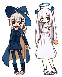 Rule 34 | 2girls, blue cloak, blue dress, blue footwear, blue halo, blue hat, blue thighhighs, boots, brown eyes, ciela (yuuhagi (amaretto-no-natsu)), cloak, closed mouth, commentary request, dot mouth, dress, full body, grey hair, halo, hat, highres, long hair, multiple girls, open mouth, original, ponytail, red girl (yuuhagi (amaretto-no-natsu)), sandals, simple background, sketch, standing, thighhighs, toeless footwear, toes, two side up, white background, white dress, white hair, witch hat, yuuhagi (amaretto-no-natsu)