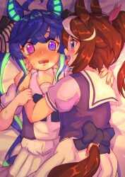 2girls @_@ absurdres ahoge animal_ears arm_around_neck back_bow blue_eyes blue_hair blush bow brown_hair clothing_cutout commentary_request crossed_bangs from_above green_hair hand_on_another&#039;s_arm hand_on_another&#039;s_cheek hand_on_another&#039;s_face hand_on_another&#039;s_shoulder heterochromia high_ponytail highres horse_ears horse_girl horse_tail hug long_hair looking_at_viewer lying multiple_girls nervous nose_blush on_back on_side ooba_jun open_mouth pink_eyes ponytail purple_eyes raised_inner_eyebrows sharp_teeth shirt short_sleeves skirt smile sweat tail tail_through_clothes teeth tokai_teio_(umamusume) tongue tongue_out twin_turbo_(umamusume) twintails umamusume upper_teeth_only very_long_hair white_hair white_skirt yuri