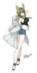 1girl :d absurdres arknights arms_behind_back bare_shoulders blue_shorts blush boots breasts chinese_commentary choker coat commentary_request crop_top cropped_shirt dated elf from_side green_shirt green_socks heart highres kajuu large_breasts laurel_crown long_hair long_sleeves looking_at_viewer mixed-language_commentary mole mole_under_eye muelsyse_(arknights) open_mouth orange_eyes pointy_ears shirt short_shorts shorts signature simple_background sleeveless sleeveless_shirt smile socks solo white_background white_boots white_choker white_coat