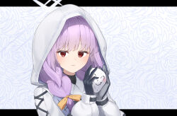 1girl ao12073010 doodle_sensei_(blue_archive) atsuko_(blue_archive) black_gloves blue_archive bow braid cameo character_doll commentary_request doll gloves hair_between_eyes hair_bow hair_ribbon halo heart highres holding holding_doll hood hooded_jacket hoodie jacket long_hair long_sleeves looking_at_viewer purple_hair red_eyes ribbon sensei_(blue_archive) sidelocks simple_background smile solo twin_braids white_hoodie