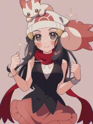 1girl alternate_color black_eyes black_hair black_shirt blush clenched_hands closed_mouth commentary dawn_(pokemon) gen_4_pokemon hair_ornament hairclip hat long_hair mikakami1e nintendo on_head pachirisu pink_skirt pokemon pokemon_(creature) pokemon_dppt pokemon_on_head red_scarf scarf shiny_pokemon shirt skirt sleeveless sleeveless_shirt smile symbol-only_commentary twitter_username white_hat
