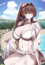 Rule 34 | 1girl, ahoge, beach, bikini, breasts, brown eyes, brown hair, cleavage, cliov, commission, giant, giantess, hair intakes, house, kantai collection, large breasts, looking at viewer, mountain, nail polish, navel, official alternate costume, open mouth, pink bikini, ponytail, second-party source, solo, swimsuit, yamato (kancolle), yamato kai ni (kancolle), yamato kai ni (swimsuit) (kancolle)