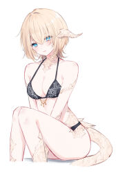 1girl absurdres au_ra bikini black_bikini blonde_hair blue_eyes blush breasts cleavage commentary_request dragon_girl dragon_horns dragon_tail final_fantasy final_fantasy_xiv highres horns looking_at_viewer medium_breasts own_hands_together sana_(sanamaru_0w0) short_hair sitting solo swimsuit tail warrior_of_light_(ff14) white_background white_scales