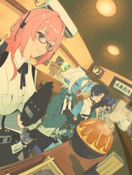 014115r 2boys 4girls animal_ears aqua_jacket asaba_harumasa belle_(zenless_zone_zero) black_gloves black_hair black_skirt blue_hair blue_oni blue_skin collared_shirt colored_skin food fox_ears fox_girl gloves hair_between_horns headband highres hoshimi_miyabi indoors jacket long_hair multiple_boys multiple_girls oni open_clothes open_jacket palms_together pencil_skirt pink_eyes pink_hair shirt short_hair skirt smile soukaku_(zenless_zone_zero) tsukishiro_yanagi white_hair white_shirt wise_(zenless_zone_zero) yellow_eyes yellow_headband zenless_zone_zero