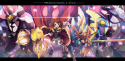 1girl :d arm_up calyrex calyrex_(rider) cape champion_uniform commentary_request copyright_name eternatus eyelashes fur-trimmed_cape fur_trim gen_8_pokemon gloria_(pokemon) gloves grass highres holding holding_poke_ball inteleon legendary_pokemon leggings legs_apart letterboxed looking_at_viewer nintendo open_mouth poke_ball poke_ball_(basic) pokemon pokemon_(creature) pokemon_swsh red_cape regieleki shield_print shirt shoes short_sleeves shorts single_glove smile standing sword_print tongue umiru urshifu white_legwear white_shorts zacian zacian_(crowned)