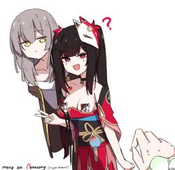 1other 2girls ? bell black_coat black_hair breasts censored character_censor chirun0 coat commentary dress english_commentary flower_tattoo fox_mask grey_hair honkai:_star_rail honkai_(series) japanese_clothes long_hair looking_at_breasts mask mask_on_head medium_breasts medium_hair multiple_girls neck_bell novelty_censor pov pov_hands purple_eyes red_dress shirt simple_background sparkle_(honkai:_star_rail) stelle_(honkai:_star_rail) tattoo trailblazer_(honkai:_star_rail) twitter_username v very_long_hair wardrobe_malfunction white_background white_shirt yellow_eyes yuri