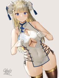 1girl bare_shoulders black_thighhighs blonde_hair blue_eyes blush breasts bun_cover china_dress china_dress_girl_(oekakizuki) chinese_clothes cleavage_cutout closed_mouth clothing_cutout commentary_request cross-laced_clothes cross-laced_slit double_bun dress embarrassed gloves hair_bun half_gloves highres large_breasts legs long_hair looking_at_viewer mole mole_on_breast no no_panties oekakizuki original pelvic_curtain revealing_clothes side_slit sideboob skindentation smile solo thick_thighs thighhighs thighs