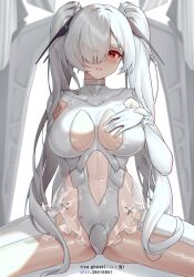 1girl absurdres breasts cinderella_(nikke) gluteal_fold goddess_of_victory:_nikke hair_over_one_eye hand_on_own_chest highres large_breasts leotard pixiv_id pixiv_username red_eyes revealing_clothes rice_ghost spread_legs twintails white_background white_hair white_leotard