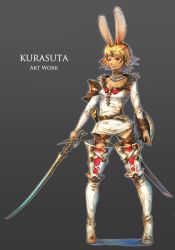 Rule 34 | 1girl, armor, artist name, bad id, bad pixiv id, belt, blonde hair, blue eyes, boots, breasts, choker, cleavage, dark-skinned female, dark skin, female focus, fur trim, gradient background, highres, jewelry, kurasuta, medium breasts, necklace, original, pauldrons, sheath, shield, short hair, shoulder armor, solo, sword, thigh boots, thighhighs, weapon