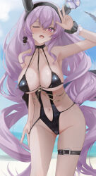 1girl absurdres arknights armpits bare_shoulders beach between_breasts bikini bikini_pull black_bikini black_hairband blue_sky blush breasts chain cleavage clothes_pull collarbone commentary_request crossed_bangs day earrings fake_horns flower gold_chain groin hair_between_eyes hairband halterneck hand_up highres horn_flower horns jewelry kyuu_(q_des9) large_breasts light_particles long_hair looking_at_viewer navel ocean one_eye_closed open_mouth purple_eyes purple_hair revision scrunchie sidelocks single_earring sky smile solo standing stomach swimsuit thigh_strap thighs typhon_(arknights) very_long_hair wet