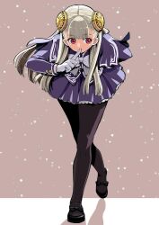 1girl black_bow black_pantyhose black_shoes bow bowtie capcom_fighting_jam closed_mouth commentary finger_to_mouth footwear_bow full_body gloves grey_hair hairpods ingrid_(capcom) leaning_forward long_hair mary_janes pantyhose petticoat pleated_skirt purple_shirt purple_skirt red_eyes shirt shoes skirt smile solo standing takafumi_696 white_bow white_gloves