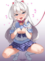 1girl ahoge animal_collar bdsm blue_eyes blush collar gradient_background heart leash long_hair looking_at_viewer nose_blush open_mouth original paw_pose pet_play pleated_skirt pussy_juice pussy_juice_puddle racer_(magnet) red_collar sailor_collar school_uniform serafuku skirt slave solo squatting tongue tongue_out white_hair
