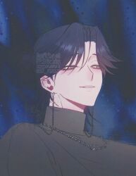 Rule 34 | 1boy, black shirt, blue background, blue hair, chain, colored sclera, earrings, ez rezero, grey sclera, hair bun, highres, jaelee, jewelry, looking at viewer, male focus, necklace, parted bangs, parted lips, portrait, shiguang dailiren, shirt, short hair, single hair bun, smile, solo, turtleneck, twitter username, upper body, watermark, white eyes