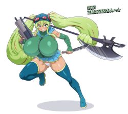 1girl absurdres bandages bandana blue_bandana blue_boots blue_skirt boots breasts bullpup english_text female_focus full_body goggles goggles_on_head green_eyes green_hair green_shirt grin gun hank_miku hatsune_miku highres hitokiwa_kenchin holding holding_gun holding_knife holding_polearm holding_weapon huge_breasts impossible_clothes impossible_shirt knife long_hair looking_at_viewer madness_combat microskirt multicolored_hair newgrounds number_tattoo panties polearm prehensile_hair red_goggles rifle running sharp_teeth shirt simple_background skirt sleeveless smile solo streaked_hair tanto tattoo teeth thigh_boots thong twintails underwear very_long_hair vocaloid weapon white_background white_panties