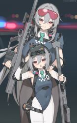 2girls absurdres anti-materiel_rifle barrett_m95 bilibili_xiaolu black_pantyhose blue_leotard breasts bullpup covered_navel fingerless_gloves gloves grey_hair grin gun hand_on_another&#039;s_shoulder headset highres holding holding_gun holding_weapon large_breasts leotard long_hair medium_hair multiple_girls original pantyhose red_eyes rifle salute smile sniper_rifle standing triangle_mouth very_long_hair weapon white_pantyhose