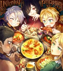 1girl 4boys :q ^_^ aramis_(unicorn_overlord) berengaria_(unicorn_overlord) black_eyes black_hair black_shirt blonde_hair blue_eyes blue_shirt blush brown_shirt bruno_(unicorn_overlord) chewing closed_eyes collared_shirt copyright_name eating food fork gilbert_(unicorn_overlord) grin hair_over_one_eye highres holding holding_food holding_fork kinugasa_moduru long_hair multiple_boys open_mouth pasta plate ponytail profile purple_scarf red_eyes red_shirt scarf shirt short_hair smile stew teeth tongue tongue_out travis_(unicorn_overlord) unicorn_overlord upper_body white_hair