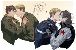 Rule 34 | !, 2boys, black bodysuit, black gloves, blonde hair, blue bodysuit, blue eyes, bodysuit, border, brown hair, bucky barnes, captain america, captain america: the first avenger, captain america: the winter soldier, captain america (series), closed eyes, collared shirt, commentary request, facial hair, fingerless gloves, fingernails, gloves, gradient background, green jacket, green shirt, hand on another&#039;s shoulder, heart, highres, jacket, karmaho, kiss, korean commentary, lapels, long sleeves, looking at another, male focus, marvel, marvel cinematic universe, military jacket, military uniform, multiple boys, multiple views, open clothes, open jacket, outside border, prosthesis, prosthetic arm, shirt, short hair, simple background, single glove, smile, star (symbol), steve rogers, superhero costume, teeth, upper body, white background, white border, winter soldier, yaoi, yellow background