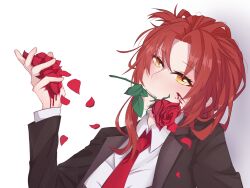 Rule 34 | 1girl, :d, black jacket, blood, blood on face, collared shirt, commentary, english commentary, flower, formal clothes, grin, honkai (series), honkai impact 3rd, jacket, long sleeves, looking at viewer, murata himeko, necktie, open mouth, petals, red flower, red hair, red necktie, red rose, rose, shirt, smile, solo, teeth, upper body, vanyayoe3, white shirt, yellow eyes
