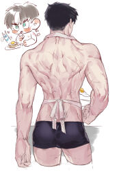 2boys absurdres apron back batman_(series) black_hair black_male_underwear chibi cropped_legs dc_comics dick_grayson egg_(food) food fried_egg from_behind highres jason_todd male_focus male_swimwear male_underwear multicolored_hair multiple_boys muscular muscular_male naijarski scar scar_on_back simple_background sketch streaked_hair topless_male underwear weapon white_apron white_background white_hair yaoi