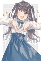 1girl ;d ahoge black_hair blue_bow blue_skirt blush border bow commentary_request gesture grey_background grey_eyes grid_background hair_ornament hairclip hands_up high-waist_skirt highres long_hair long_sleeves looking_at_viewer one_eye_closed open_mouth original outline puffy_long_sleeves puffy_sleeves shano-pirika shirt skirt smile solo sparkle two_side_up very_long_hair white_border white_outline white_shirt