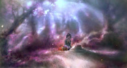 00 1girl black_hair blurry bouquet bug butterfly cherry_blossoms child closed_eyes dark dress female_focus flower highres insect original own_hands_clasped own_hands_together praying scenery seiza short_hair sitting solo sunlight tombstone tree