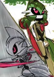 2others absurdres alternate_color arm_blade arms_at_sides black_sclera black_skin blue_hair colored_sclera colored_skin dappled_sunlight fighting_stance from_side green_hair grey_hair grey_skin hair_between_eyes highres humanoid_robot iron_valiant joints looking_afar medium_hair mohawk monya multicolored_hair multicolored_skin multiple_others nintendo no_mouth other_focus outdoors pokemon pokemon_(creature) profile rain red_eyes red_hair robot robot_joints shiny_and_normal shiny_pokemon sketch standing sunlight twintails two-tone_hair two-tone_skin weapon white_skin
