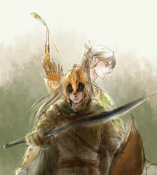 2boys beleg black_hair bow_(weapon) braid closed_eyes closed_mouth dragon elf grey_hair helmet holding holding_sword holding_weapon looking_to_the_side male_focus mintkim multiple_boys pointy_ears profile quiver shield sword the_silmarillion tolkien&#039;s_legendarium turin warrior weapon
