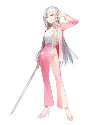 1girl adjusting_eyewear artist_name blunt_bangs eyes_visible_through_hair female_focus full_body glasses high_heels holding holding_weapon jacket katana lips long_hair long_sleeves looking_at_viewer original pants pink_jacket pink_pants red_eyes shirt silver_hair simple_background smile solo sukja sword weapon white_background white_shirt