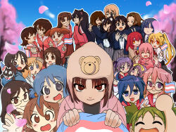 6+girls :3 :p absurdres aioi_yuuko akiyama_mio animal_ears azumanga_daiou black_hair blonde_hair blue_eyes blue_hair blue_sky bocchi_the_rock! brown_eyes brown_hair cat cat_ears cherry_blossoms closed_eyes crossover day flag gotoh_hitori grey_eyes hat highres hiiragi_kagami hiiragi_tsukasa holding holding_flag ijichi_nijika iwakura_lain izumi_konata k-on! kagura_(azumanga_daioh) kasuga_ayumu kita_ikuyo kotobuki_tsumugi lgbt_pride long_hair looking_at_viewer lucky_star mihama_chiyo minakami_mai mizuhara_koyomi multiple_girls naganohara_mio nakano_azusa nichijou open_mouth orange_hair outdoors phenomenoms pink_hair professor_shinonome purple_eyes purple_hair round_eyewear sakaki_(azumanga_daioh) sakamoto_(nichijou) serial_experiments_lain shinonome_nano short_hair sky smile tainaka_ritsu takara_miyuki takino_tomo tongue tongue_out transgender_day_of_visibility transgender_flag transgender_flag_print tumblr_username yamada_ryo yellow_eyes yotsubato!