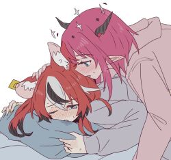 Rule 34 | 2girls, animal ears, blue eyes, blush, ear blush, ear tag, fang, grey hoodie, hakos baelz, halo, hololive, hololive english, hood, hoodie, horns, irys (hololive), long sleeves, lying, mouse ears, multicolored hair, multiple girls, on stomach, one eye closed, open mouth, pink hoodie, ramphastostella, red hair, simple background, smile, streaked hair, sweat, virtual youtuber, white background, white hair, yellow nails, yuri