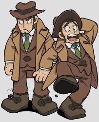 1boy black_eyes black_hair brown_coat brown_footwear brown_jacket brown_pants brown_suit buzz_cut cleft_chin closed_mouth coat collared_shirt commentary_request constricted_pupils fedora formal_clothes frown full_body green_necktie hand_hair hand_on_headwear hand_up hat highres jacket layered_clothes long_sleeves looking_ahead looking_down lupin_iii male_focus multiple_views nankai_(nankai_san) necktie open_clothes open_coat pants raised_eyebrows shirt shoes short_hair sideburns signature simple_background standing standing_on_one_leg suit thick_eyebrows trench_coat v-shaped_eyebrows very_short_hair white_background white_shirt wide-eyed zenigata_kouichi