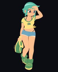 1girl alt_text aqua_eyes aqua_hair bag black_background blue_shorts blush brazilian_flag brazilian_miku brazilian_miku_(cosplay) commentary cosplay dzdello english_commentary green_bag green_shoes hatsune_miku highres holding holding_bag midriff navel no_lineart official_style ramona_flowers scott_pilgrim_(series) scott_pilgrim_takes_off shirt shoes short_hair short_shorts shorts sidelocks simple_background solo tan tanline tied_shirt vocaloid yellow_shirt