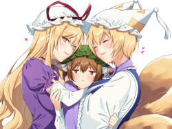 Rule 34 | 3girls, animal ear fluff, animal ear piercing, animal ears, blush, brown eyes, brown hair, cat ears, chen, closed eyes, closed mouth, commentary request, dot nose, double-parted bangs, earrings, ears down, frills, girl sandwich, hair between eyes, half-closed eyes, hands up, hat, height difference, highres, jewelry, kirisita, looking at viewer, mob cap, multiple girls, raised eyebrow, sandwiched, short hair, simple background, single earring, slit pupils, smile, touhou, upper body, white background, yakumo ran, yakumo yukari