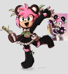 amy_rose animal_ears animal_hands black_shoes boots charm_(object) cream_the_rabbit fake_animal_ears full_body furry furry_female gloves green_eyes grey_background hand_up highres open_mouth panda_ears paw_gloves reference_inset shoes signature smile smilen3twork solo sonic_(series) sonic_forces:_speed_battle standing standing_on_one_leg
