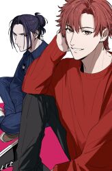 2boys alternate_costume amikoiiko black_pants black_shoes blue_pants blue_shirt collared_shirt contemporary converse curtained_hair elbow_on_knee felix_hugo_fraldarius fire_emblem fire_emblem:_three_houses frown hair_bun highres knee_up long_sleeves looking_to_the_side male_focus multiple_boys nintendo orange_eyes pants red_hair red_shirt shirt shoelaces shoes sideways_glance single_hair_bun smile sylvain_jose_gautier teeth the_beatles white_background wing_collar