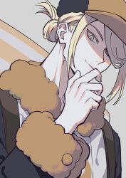 Rule 34 | 1boy, arm up, blonde hair, brown fur, elemoncake, fur-trimmed collar, fur-trimmed sleeves, fur trim, ginkgo guild uniform, hair bun, hair over one eye, hand on own chin, hat, highres, long sleeves, looking to the side, male focus, multicolored hat, newsboy cap, nintendo, pokemon, pokemon legends: arceus, sideways glance, single hair bun, solo, upper body, volo (pokemon), yellow eyes