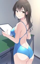 1girl ass black_hair blue_one-piece_swimsuit brown_eyes commentary_request competition_swimsuit from_behind highres long_hair looking_at_viewer looking_back office_lady one-piece_swimsuit original racerback solo standing swimsuit tablet_pc thames3