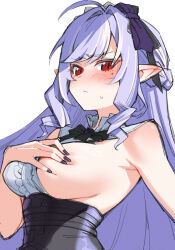 1girl absurdres bow breasts chubb closed_mouth fingernails hair_bow highres large_breasts long_hair looking_at_viewer mole mole_under_eye nail_polish pointy_ears purple_bow purple_hair purple_nails red_eyes sideboob simple_background solo upper_body vivian_banshee white_background zenless_zone_zero