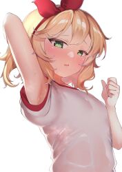 arm_up blush bow bow_hairband breasts clenched_hand commentary_request deko_isu green_eyes gym_shirt hairband hand_up highres idolmaster idolmaster_cinderella_girls loli looking_at_viewer nose_blush parted_lips raised_inner_eyebrows red_bow red_hairband sakurai_momoka shirt simple_background small_breasts steam steaming_body sweat sweaty_clothes upper_body wavy_mouth wet wet_clothes wet_shirt white_background