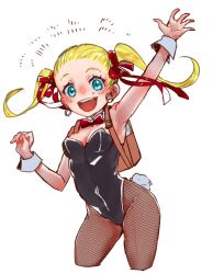 1girl :d aqua_eyes backpack bag bare_shoulders black_leotard blonde_hair bow bowtie breasts cleavage cowboy_shot detached_collar dragon_quest dragon_quest_builders_2 earrings fake_tail female_builder_(dqb2) fishnet_pantyhose fishnets floating_hair hair_pulled_back hair_ribbon highres hoop_earrings jewelry km_navi leotard looking_at_viewer open_mouth pantyhose rabbit_tail red_bow red_bowtie red_ribbon ribbon silver_earrings small_breasts smile strapless strapless_leotard tail twintails waving white_background wrist_cuffs