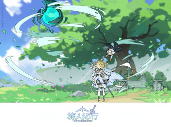 &gt;_&lt; 2girls arm_up black_cape black_gloves blonde_hair blue_sky blurry blurry_background blush boots cape cliff closed_eyes closed_mouth cloud day dress eye_of_the_storm_(genshin_impact) fingerless_gloves genshin_impact gloves gold_trim grass halo holding holding_on holding_sword holding_weapon in-universe_location long_sleeves lumine_(genshin_impact) medium_hair multiple_girls open_mouth outdoors paimon_(genshin_impact) path road rock short_hair_with_long_locks sidelocks sky sleeveless sleeveless_dress stairs standing statue statue_of_the_seven sword thigh_boots tree vambraces weapon white_cape white_dress white_footwear white_hair wind xiang_wan_wei_wan