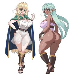 2girls aqua_hair ass bare_shoulders blonde_hair blush braid breasts cape dark_skin elf eltolinde_(unicorn_overlord) embarrassed from_behind green_eyes huge_ass large_breasts leotard long_hair looking_at_viewer looking_back multiple_girls open_mouth pointy_ears red_eyes rosalinde_(unicorn_overlord) sideboob thick_thighs thighs thong_leotard unicorn_overlord very_long_hair ytrall