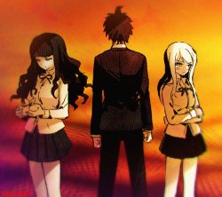 1boy 2girls arms_at_sides artist_name blush_stickers breasts clenched_hands collared_shirt danganronpa_(series) danganronpa_3_(anime) formal_clothes from_behind gift hajime_(gitoriokawaii) hinata_hajime holding holding_gift jacket kuzuryu_natsumi large_breasts long_hair multicolored_background multiple_girls neck_ribbon orange_background pants pleated_skirt red_background ribbon satou_(danganronpa) shirt skirt standing