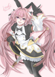 1boy absurdres androgynous animal_ears astolfo_(fate) astolfo_(saber)_(fate) astolfo_(saber)_(third_ascension)_(fate) black_bow black_bowtie black_pantyhose bow bowtie clothes_lift cowboy_shot dated dress dress_lift fake_animal_ears fate/grand_order fate_(series) hair_between_eyes hair_bow hair_intakes highres kondo_haru_20 long_hair male_focus multicolored_hair pantyhose pink_background pink_hair purple_eyes rabbit_ears rabbit_tail scabbard sheath signature smile solo streaked_hair tail trap very_long_hair