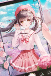 1girl arm_up beret blue_sky brown_eyes brown_hair cellphone commentary_request cowboy_shot day fake_phone_screenshot fake_screenshot flower hair_blowing hair_ribbon hat highres hydrangea long_hair long_sleeves looking_at_viewer open_mouth original outdoors phone pink_flower pink_sailor_collar pink_shirt pleated_skirt prana_(prana12) red_hat red_skirt ribbon sailor_collar school_uniform serafuku shirt skirt sky smartphone solo standing twintails windmill