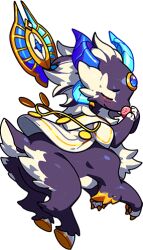 1other blue_gemstone body_fur centauroid cloak closed_eyes dragon_village_(series) dragon_village_collection furry game_cg gem lowres nuzzle official_art porta_(dragon_village) porta_(warden)_(dragon_village) purple_fur taur third-party_source transparent_background white_cloak white_fur
