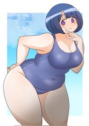 1girl blue_eyes blue_hair blue_one-piece_swimsuit blush bob_cut breasts bright_pupils cleavage covered_navel finger_to_cheek gundam gundam_gquuuuuux hand_on_own_hip leaning_forward mature_female medium_breasts one-piece_swimsuit outdoors plump shiiko_sugai short_hair sky smile solo standing swimsuit thick_thighs thighs toyishiki_shizuoka white_pupils