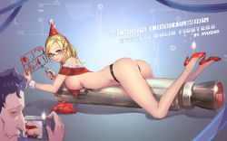 10s 1boy 1girl artist_name ass baker_(gundam_bf) bikini black_panties blonde_hair blue_eyes bobby_pin bra breasts camera chairman_mashita christmas copyright_name glasses gundam gundam_build_fighters gunpla hair_ornament hairclip hat high_heels highres lace lace-trimmed_panties lace_trim large_breasts legs lips lipstick long_hair long_legs lying makeup model model_kit modeling off_shoulder on_stomach open_bra panties party_hat rocket ryushin santa_bikini santa_costume semi-rimless_eyewear sideboob swimsuit thong thong_bikini typo under-rim_eyewear underwear untied_bikini